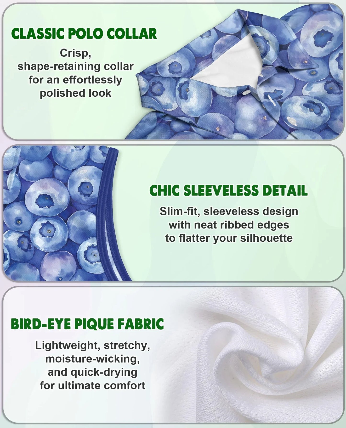 Blueberry Pattern Sleeveless Polo Shirt for Women, Fresh Fruit Summer Style | Azhawaiian