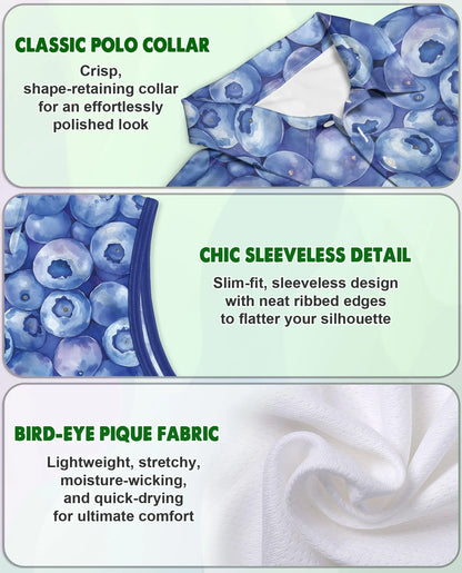 Blueberry Pattern Sleeveless Polo Shirt for Women, Fresh Fruit Summer Style | Azhawaiian
