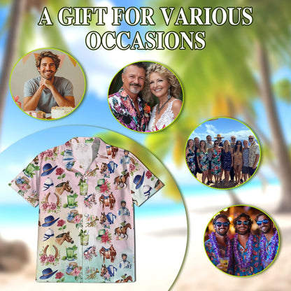 Watercolor Horse Racing Pattern Hawaiian Shirt for Men, Button Down Aloha Shirt - Azhawaiian