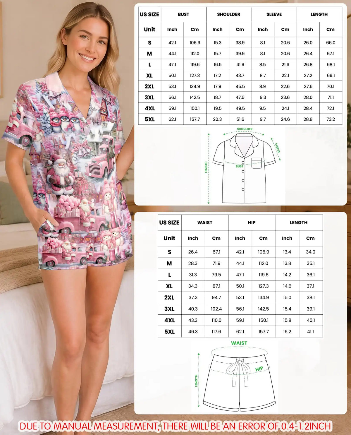 Pink Christmas Truck Pajama Set for Women – Santa & Snowman Print
