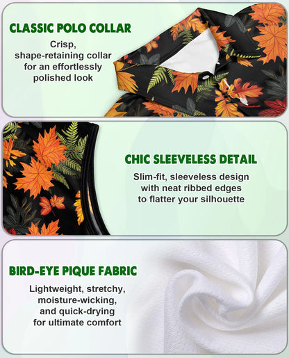 Autumn Maple Leaf Pattern Sleeveless Polo Shirt for Women | Azhawaiian