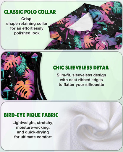 Neon Mushroom Leaves Sleeveless Polo Shirt for Women, Colorful Nature Style | Azhawaiian