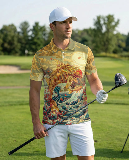 Golden Koi Fish 3D Polo Shirt for Men, Japanese Ocean Art Style | Azhawaiian