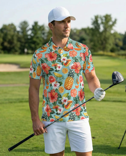 Tropical Fruit Polo Shirt, Hibiscus Floral Print | Azhawaiian