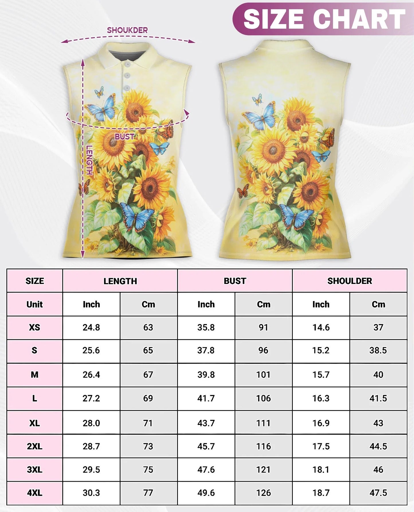 Sunflower Butterfly Sleeveless Polo Shirt for Women | Azhawaiian