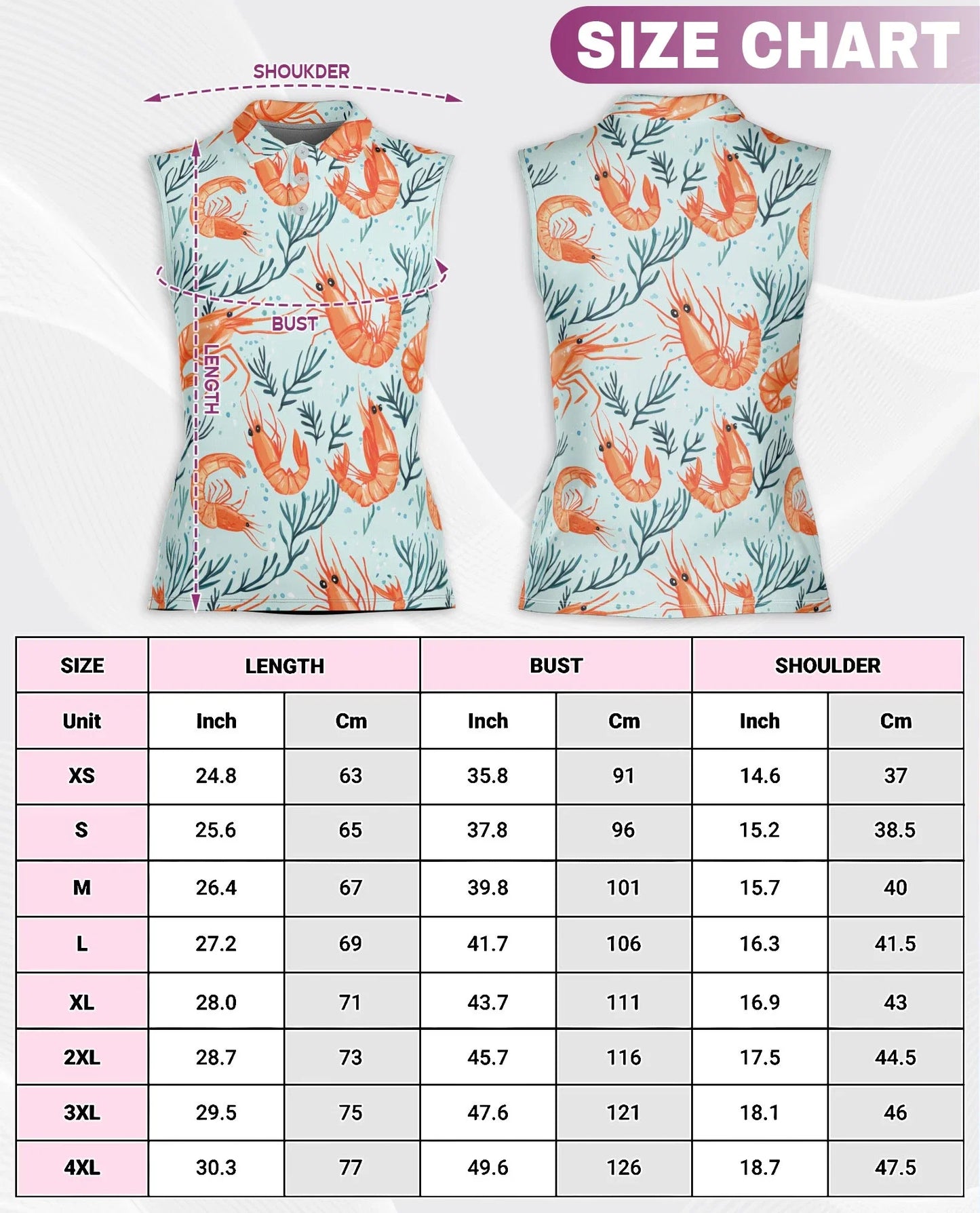 Shrimp Print Sleeveless Polo Shirt for Women | Azhawaiian
