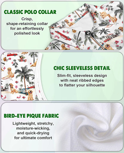 Tropical Dog and Flamingo Pattern Sleeveless Polo Shirt for Women | Azhawaiian