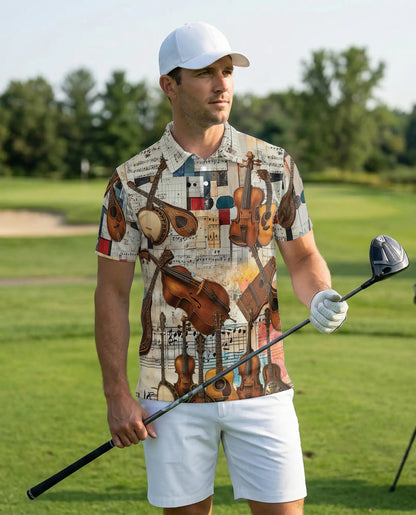 Vintage Music Polo Shirt, Instrument Collage Print | Azhawaiian