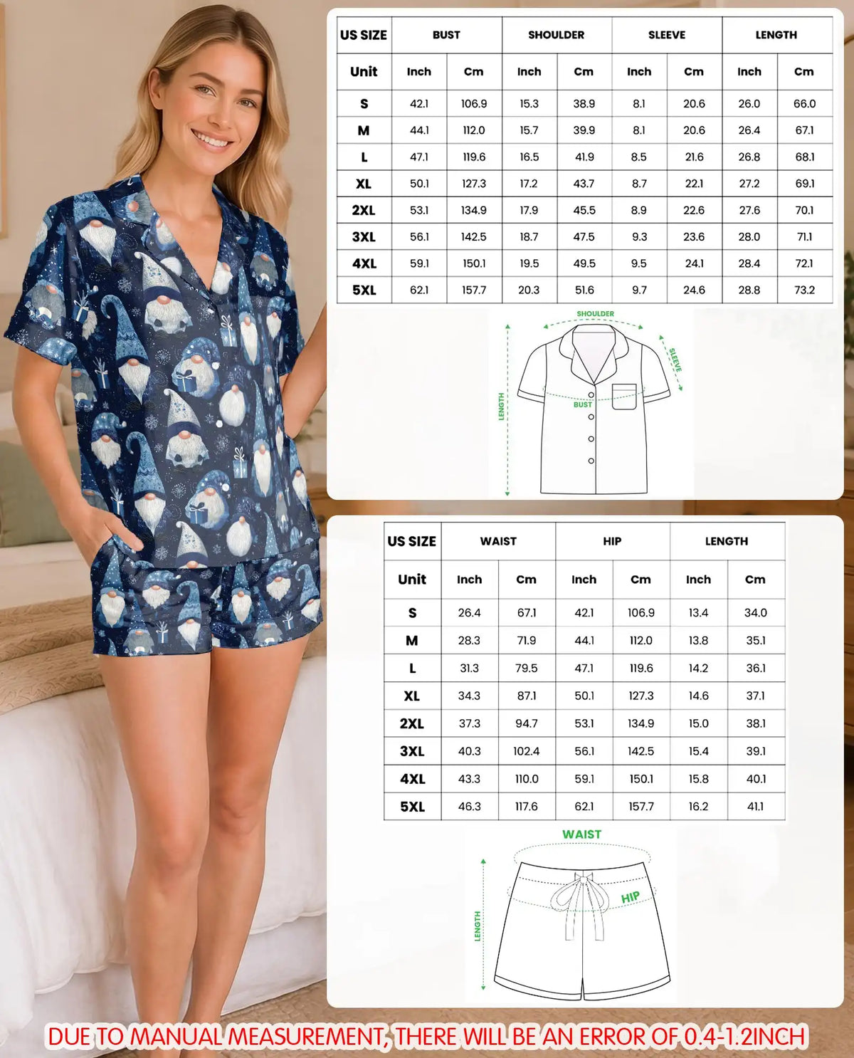 Blue Winter Gnome Pajama Set for Women – Snowflakes & Gift Boxes Print
