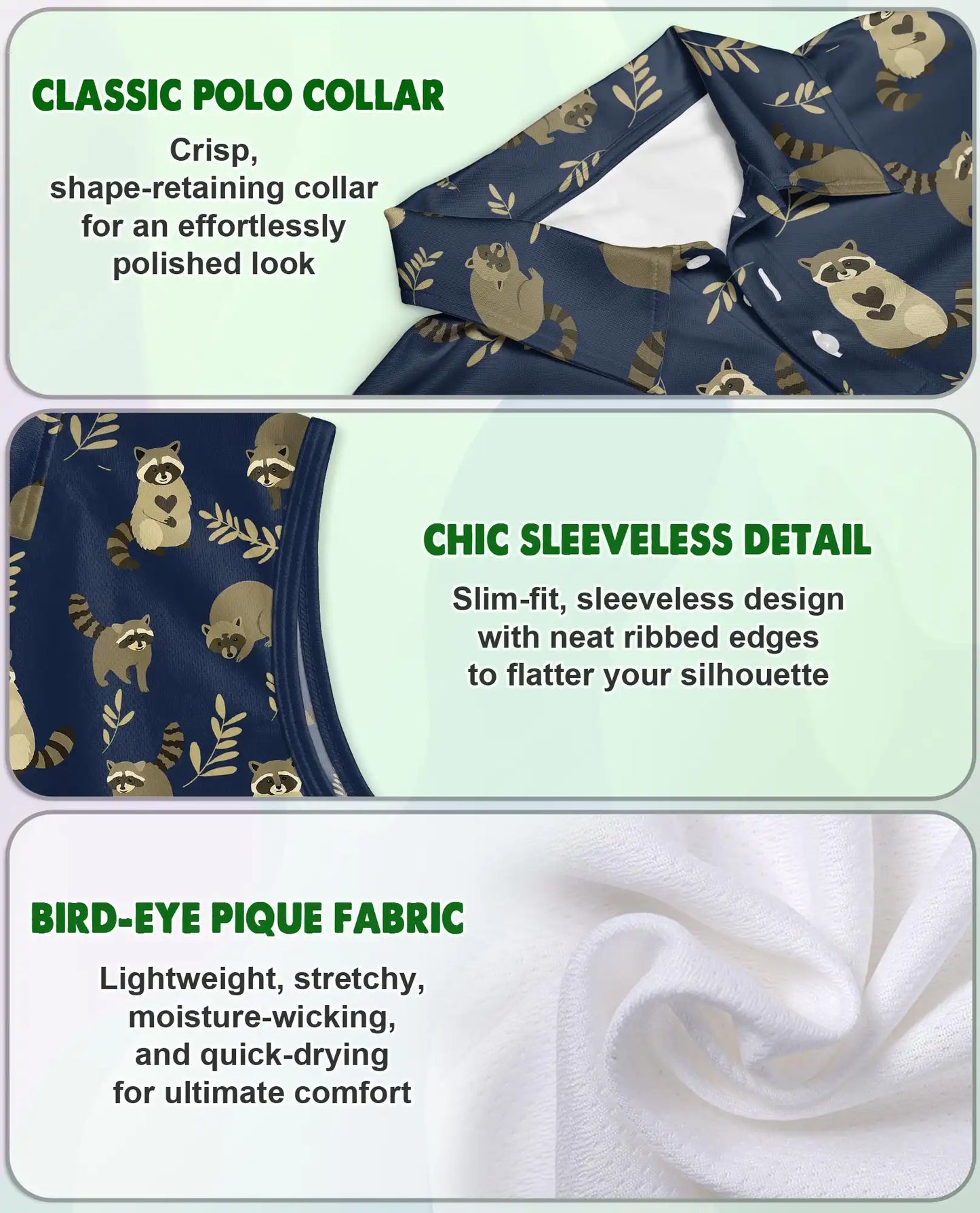 Navy Raccoon Pattern Sleeveless Polo Shirt for Women | Azhawaiian