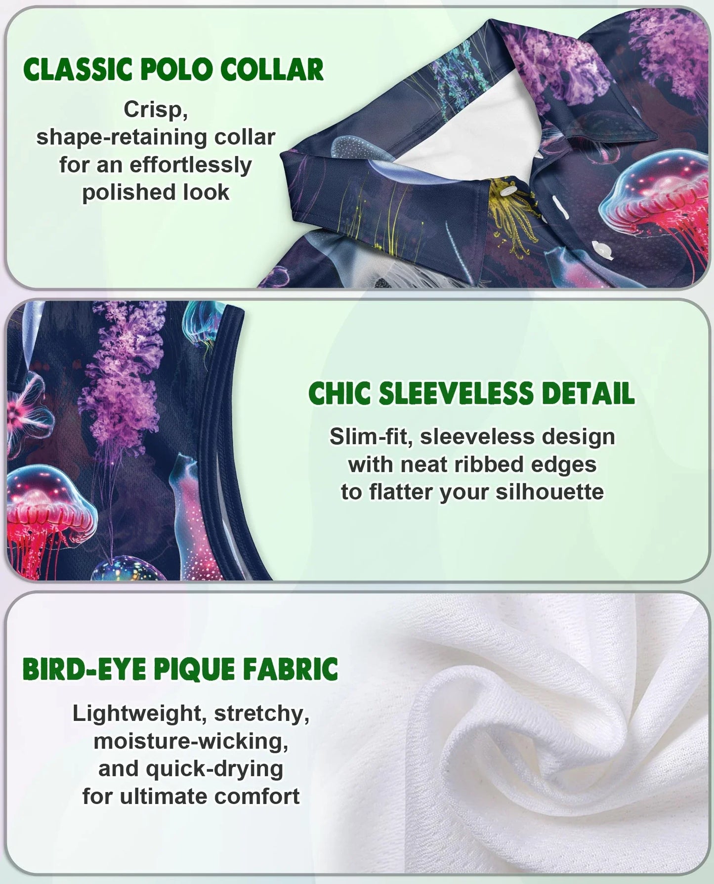 Luminescent Jellyfish Sleeveless Polo Shirt for Women, Ocean Glow Style | Azhawaiian