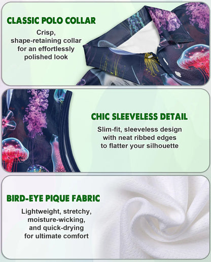Luminescent Jellyfish Sleeveless Polo Shirt for Women, Ocean Glow Style | Azhawaiian