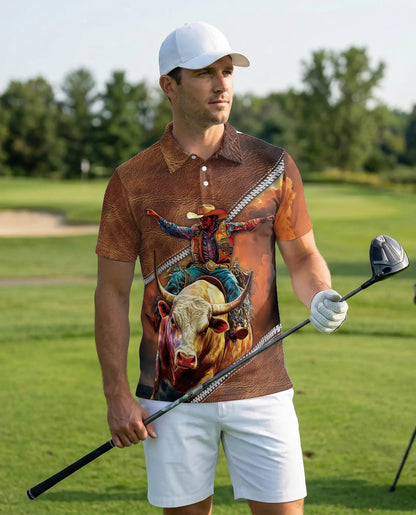 Cowboy Bull Riding 3D Polo Shirt for Men, Western Rodeo Ranch Style | Azhawaiian
