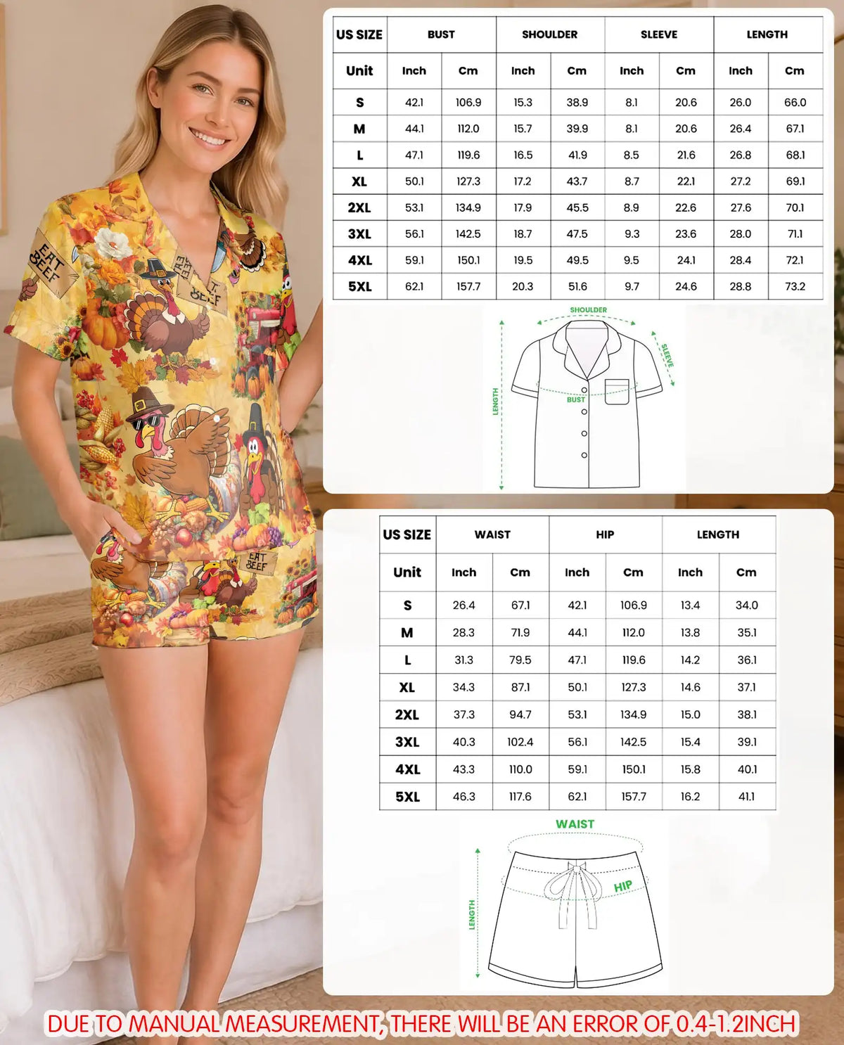 Funny Turkey Thanksgiving Pajama Set for Women, Fall Harvest Holiday Sleepwear