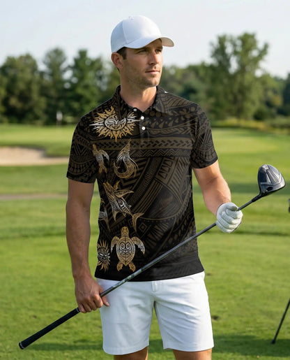Polynesian Sea Turtle 3D Polo Shirt for Men, Tribal Ocean Style | Azhawaiian