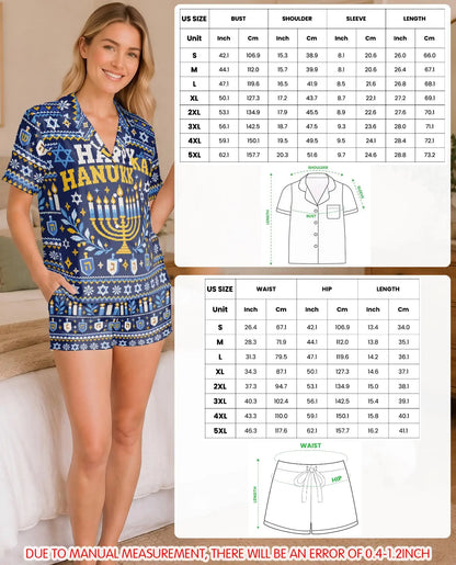Happy Hanukkah Pajama Set for Women – Navy Blue Menorah & Fair Isle Print