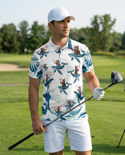 Funny Cat Riding Whale 3D Polo Shirt for Men, Ocean Fantasy Animal Style | Azhawaiian