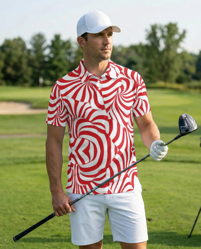 Red Swirl Polo Shirt, Abstract Optical Print | Azhawaiian