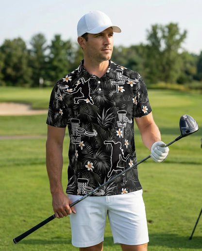 Disc Golf Tropical 3D Polo Shirt for Men, Black Floral Sports Style | Azhawaiian