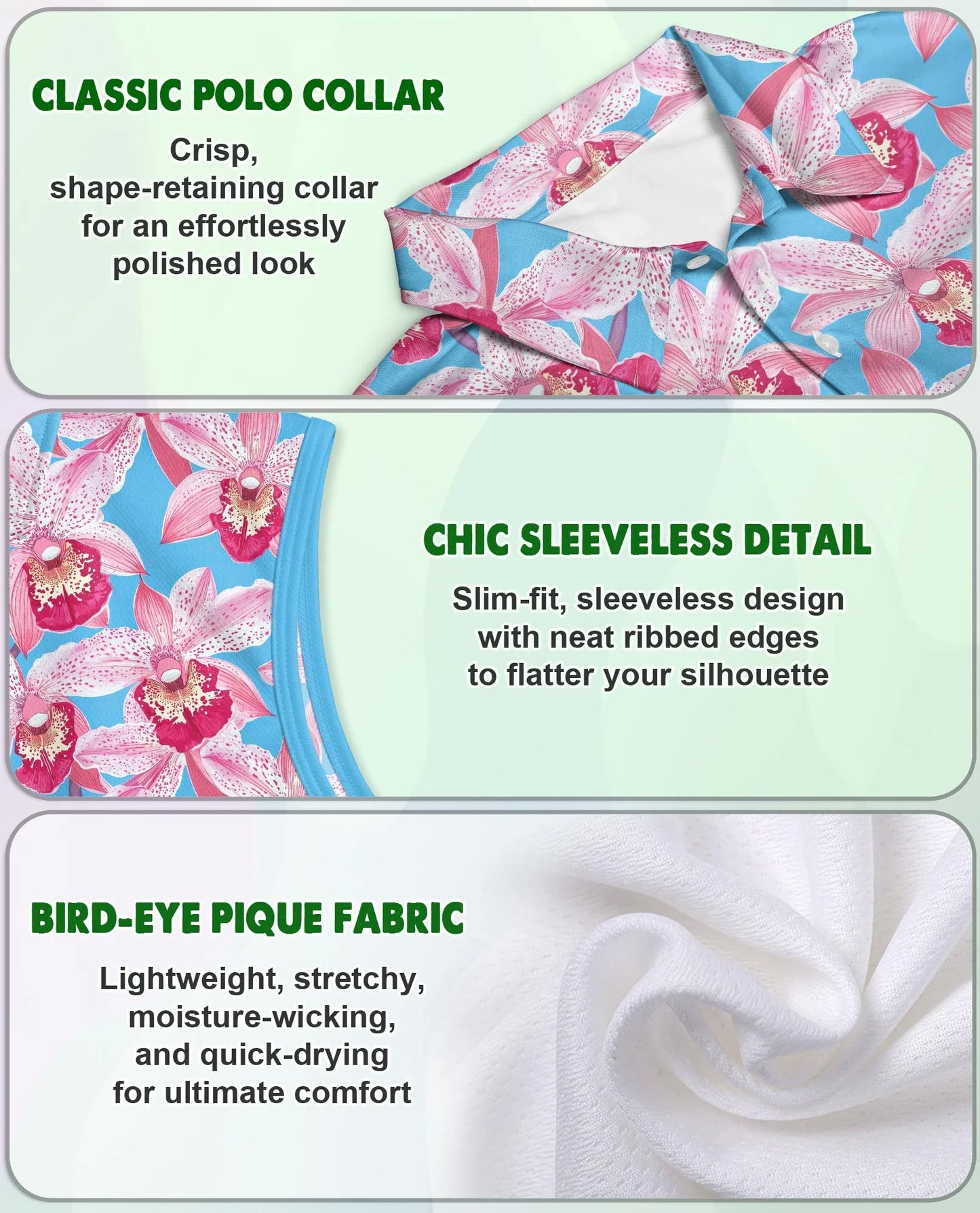 Pink Orchids Blue Sky Sleeveless Polo Shirt for Women, Tropical Floral Style | Azhawaiian