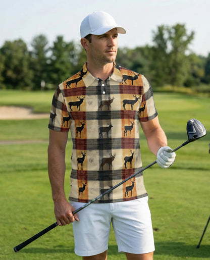 Deer Plaid 3D Polo Shirt for Men, Rustic Hunting Outdoor Style | Azhawaiian