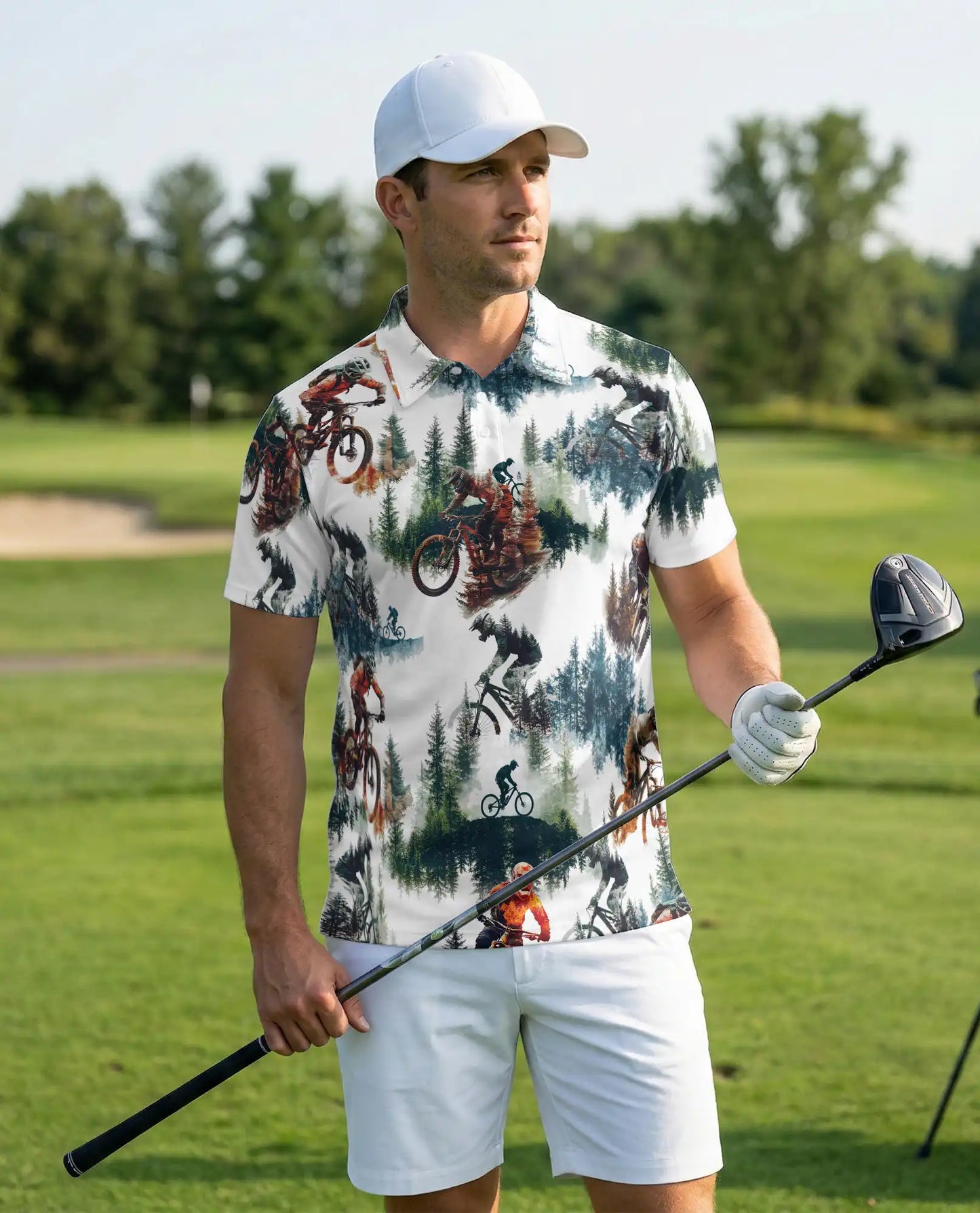 Mountain Bike Forest 3D Polo Shirt for Men, Extreme Cycling Outdoor Style | Azhawaiian