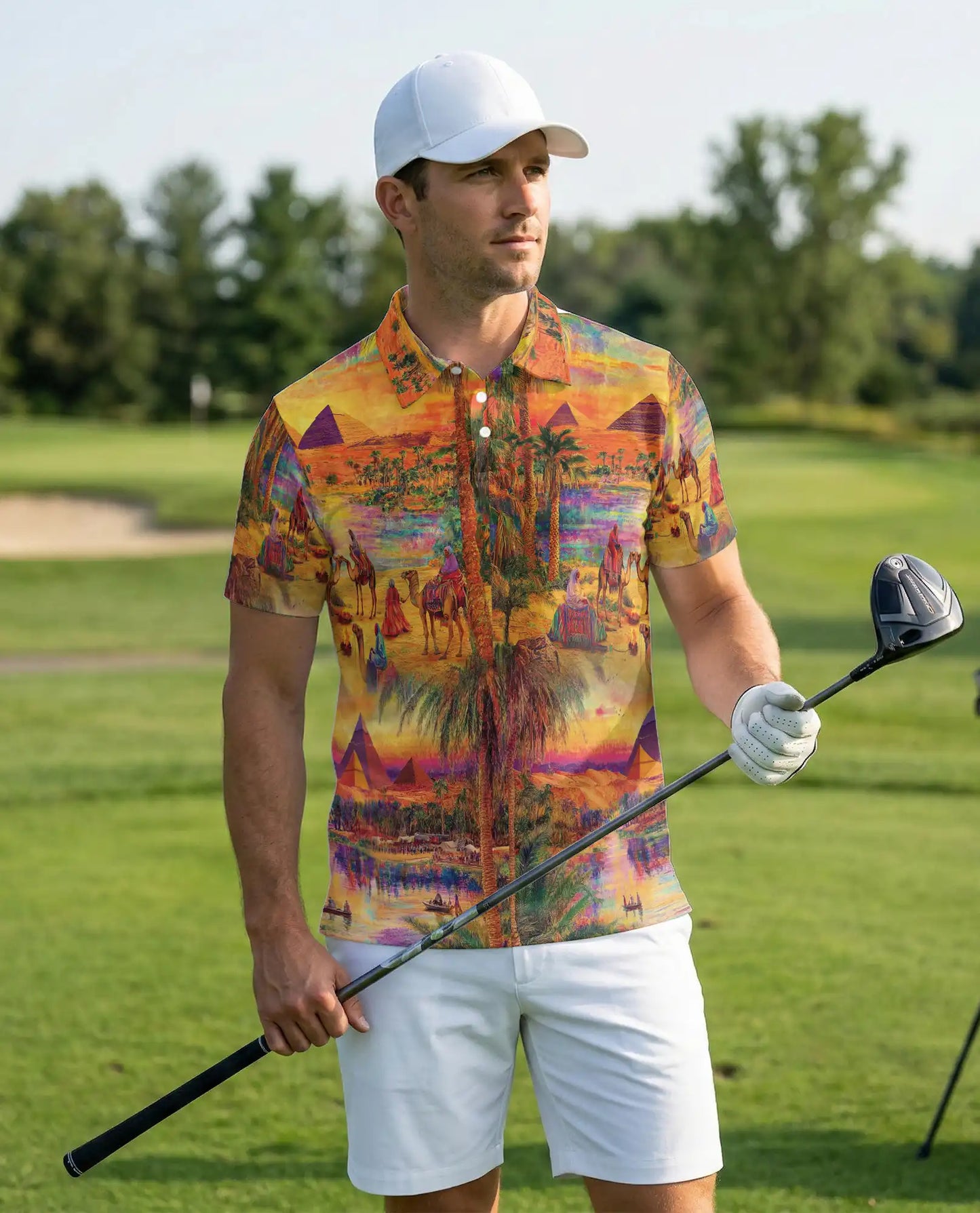 Egyptian Desert Pyramid 3D Polo Shirt for Men, Camel Oasis Travel Style | Azhawaiian