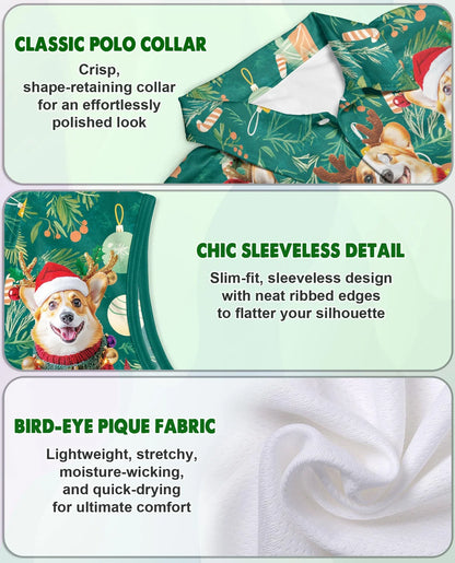 Christmas Corgi Sleeveless Polo Shirt for Women, Cute Dog Holiday Style | Azhawaiian