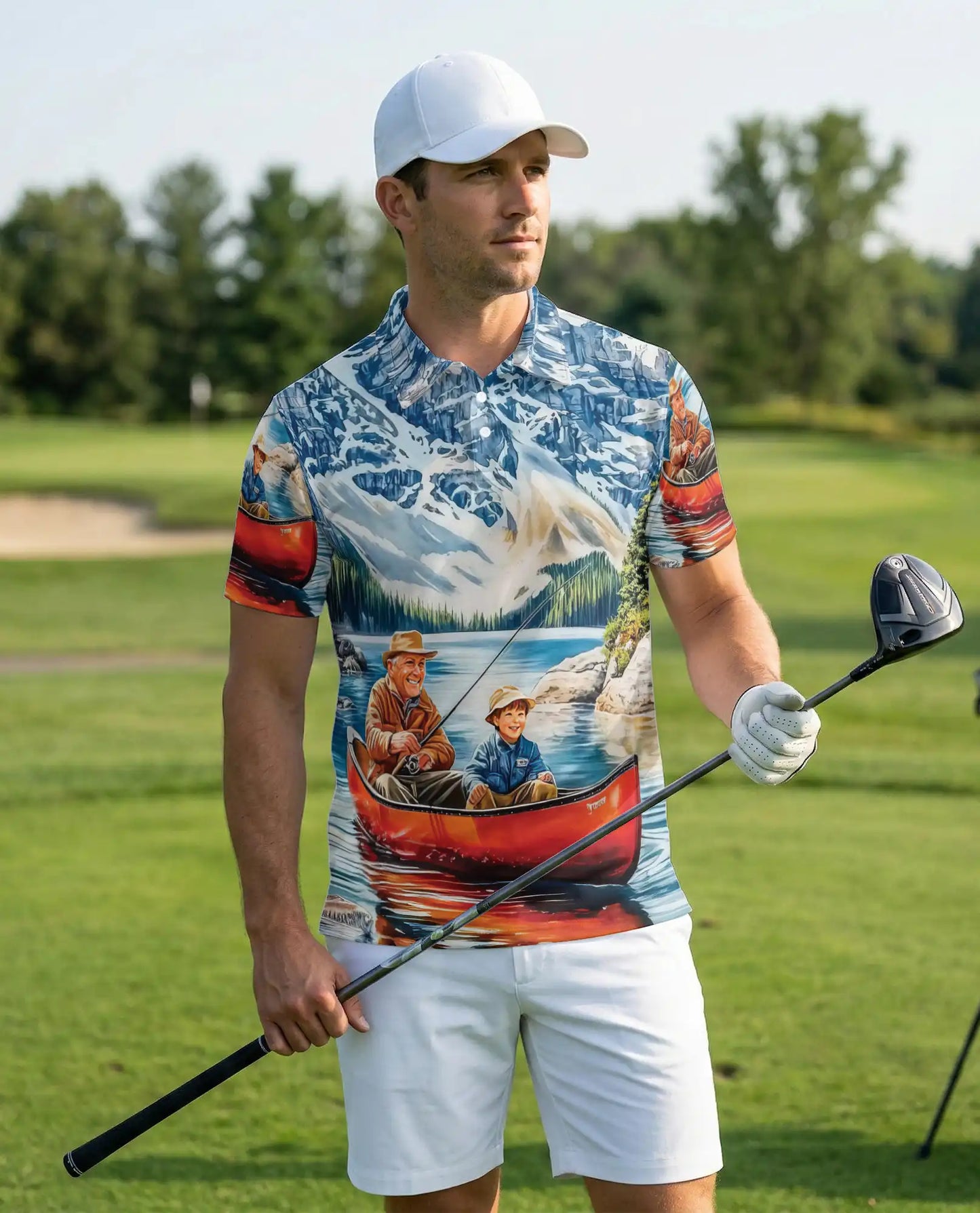Fishing Adventure Polo Shirt, Mountain Lake Print | Azhawaiian