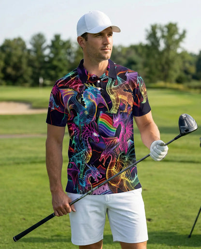 Pride Rainbow Dragon Polo Shirt for Men-Neon Fantasy Dragon Shirt | Azhawaiian
