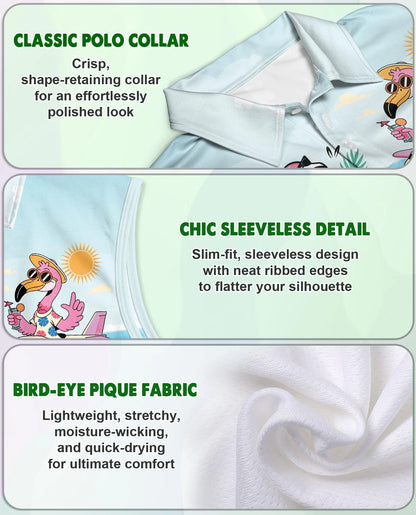 Flamingo Cocktails Beach Sleeveless Polo Shirt for Women, Tropical Summer Style | Azhawaiian