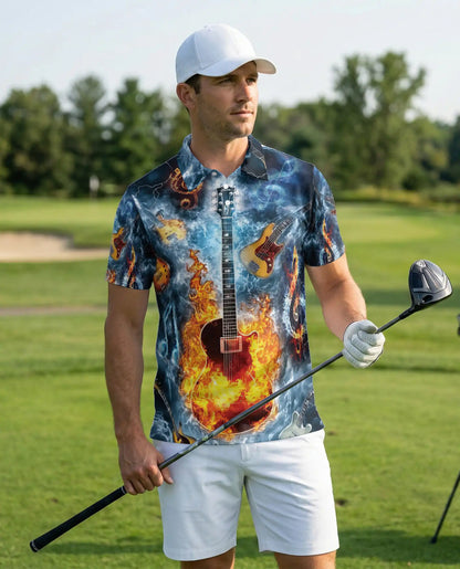Flaming Guitar 3D Polo Shirt for Men, Rock Music Fire Storm Style | Azhawaiian