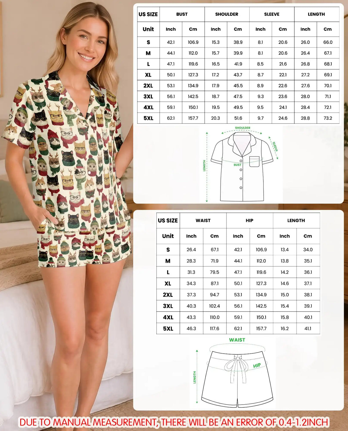 Christmas Cat Pajama Set for Women – Funny Cats with Glasses & Winter Hats Print