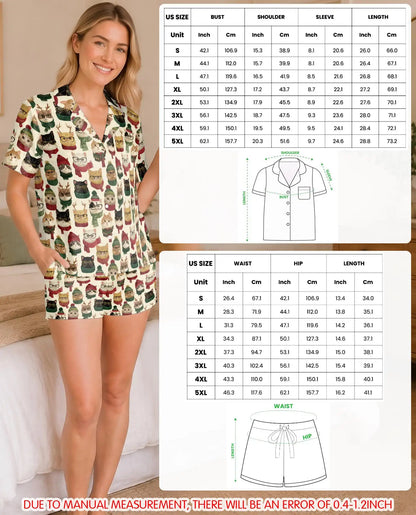 Christmas Cat Pajama Set for Women – Funny Cats with Glasses & Winter Hats Print