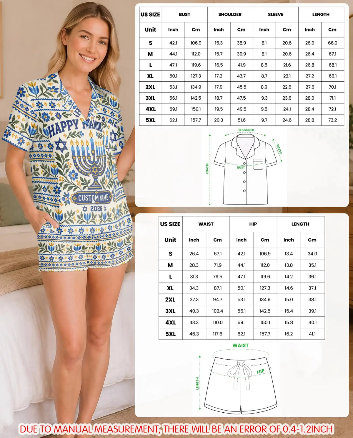 Personalized Floral Hanukkah Pajama Set for Women – Custom Name & Year Menorah Print