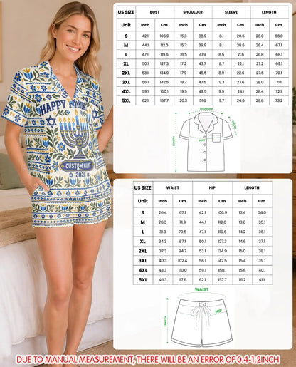 Personalized Floral Hanukkah Pajama Set for Women – Custom Name & Year Menorah Print