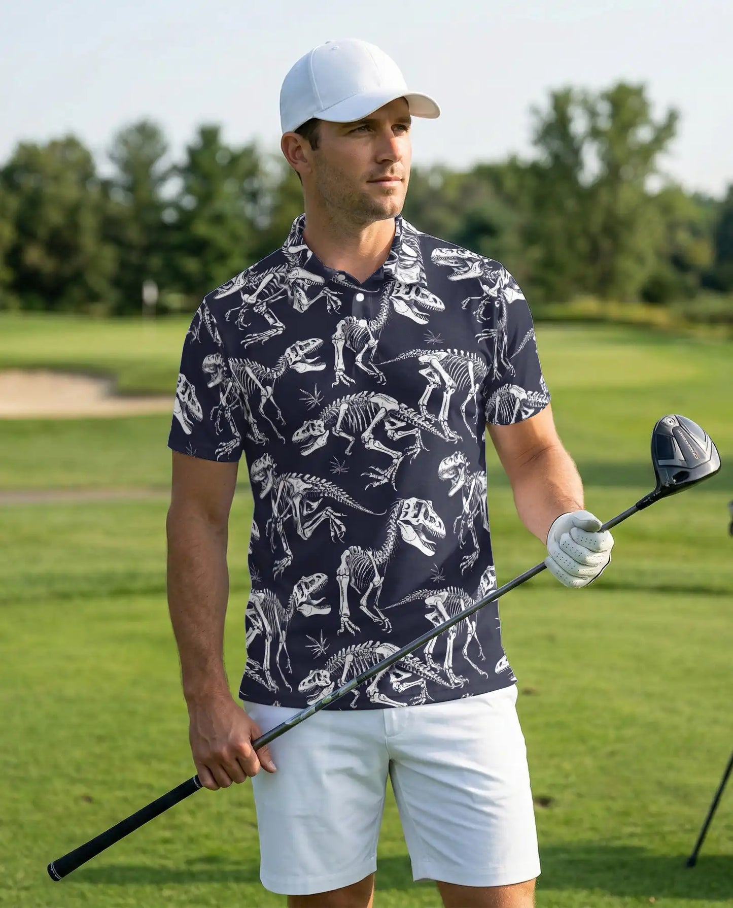 Dinosaur Skeleton 3D Polo Shirt for Men, Fossil Bones Jurassic Style | Azhawaiian