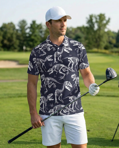 Dinosaur Skeleton 3D Polo Shirt for Men, Fossil Bones Jurassic Style | Azhawaiian