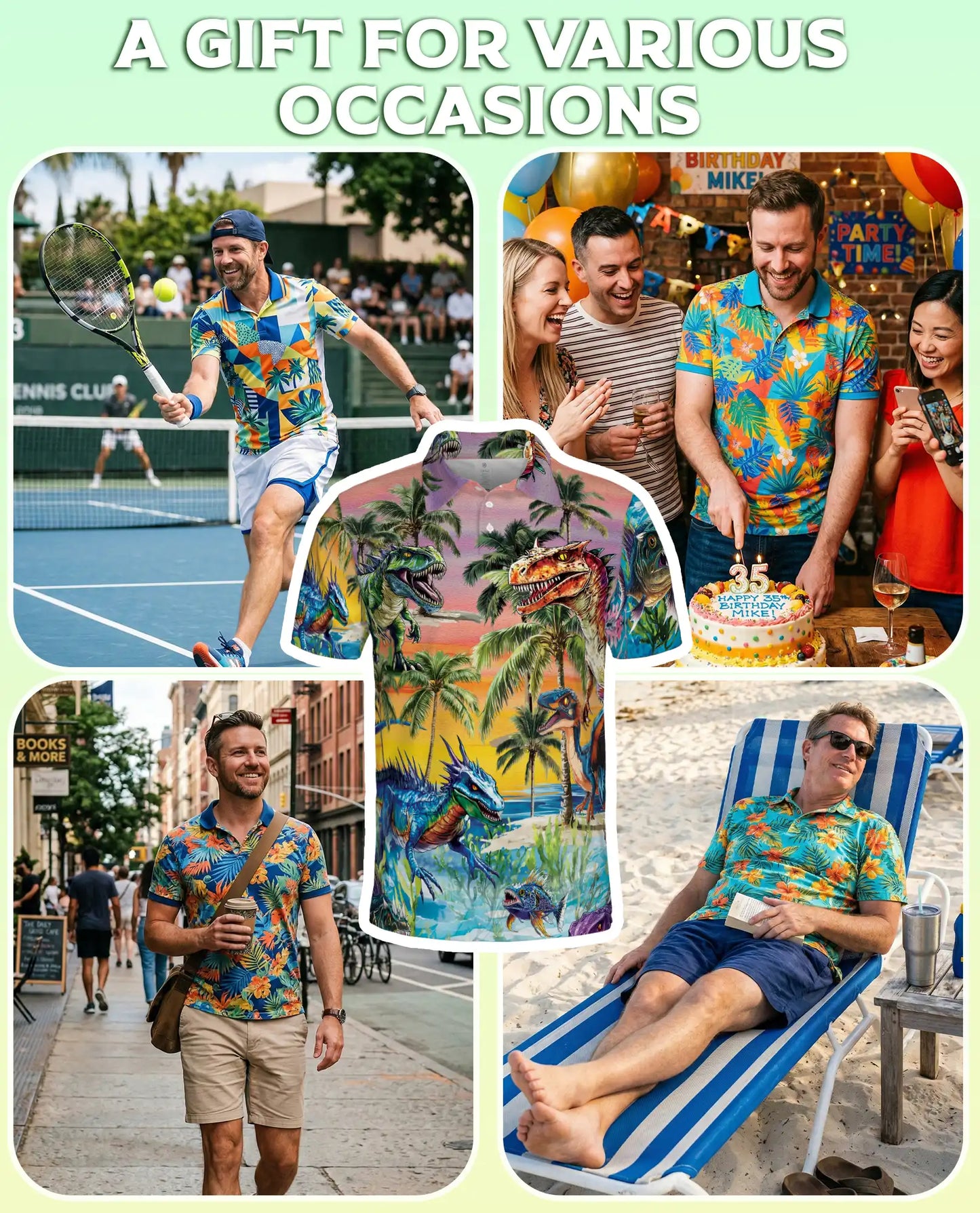 Dinosaur Tropical Polo Shirt, Prehistoric Beach Print | Azhawaiian