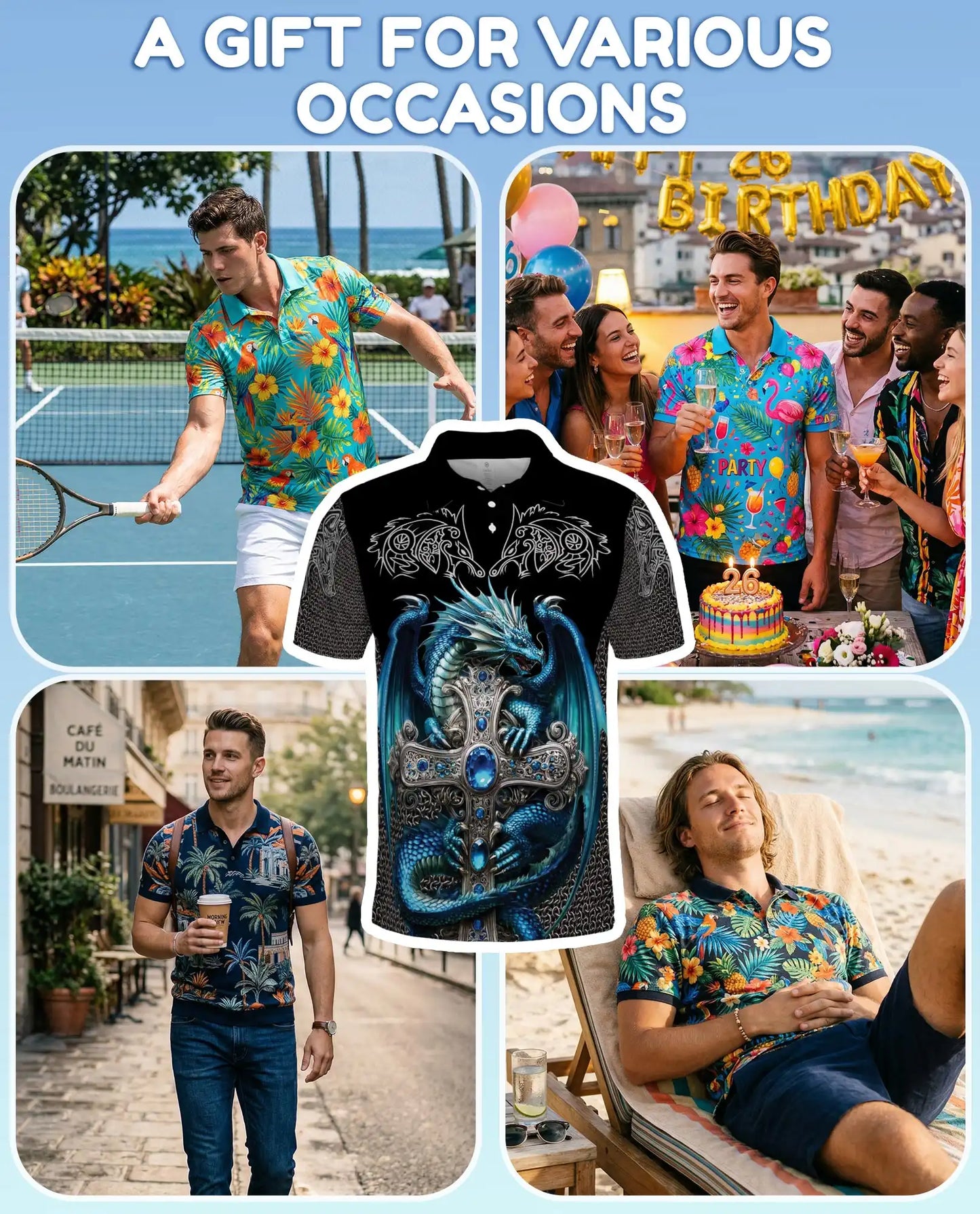 Blue Dragon Cross Polo Shirt for Men - Fantasy Medieval Dragon | Azhawaiian