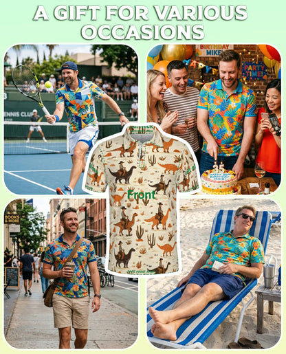 Cowboy Dinosaur 3D Polo Shirt for Men, Western Desert Adventure Style | Azhawaiian