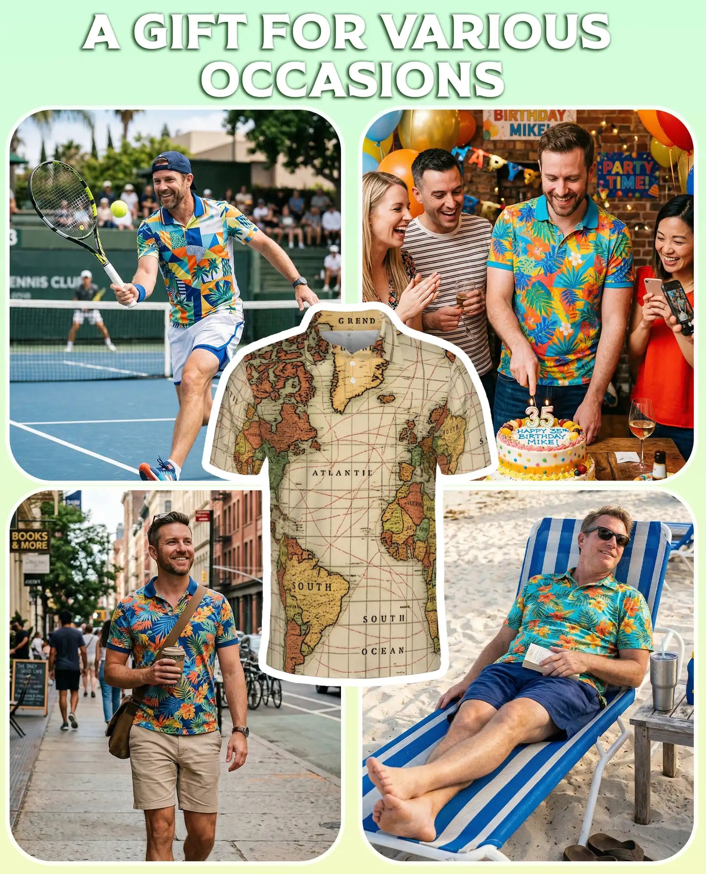 Vintage World Map Polo Shirt-Antique Nautical Atlas Print Travel Theme | Azhawaiian