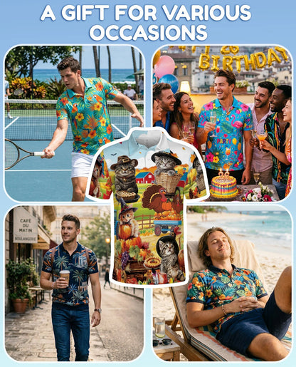 Thanksgiving Cat Polo Shirt for Men, Cute Fall Holiday Style | Azhawaiian