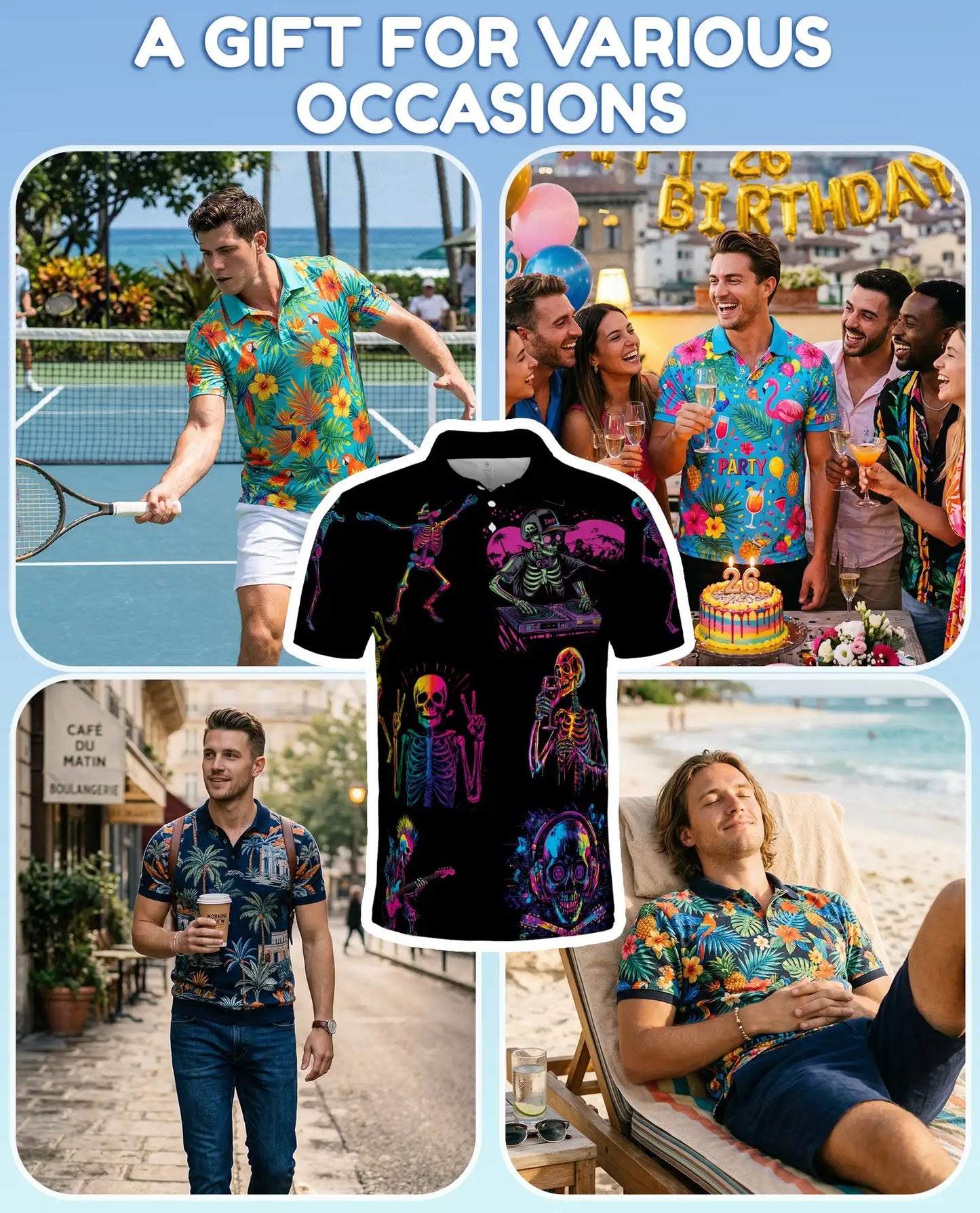 Neon Skeleton Polo Shirt - Retro Music Festival Style | Azhawaiian