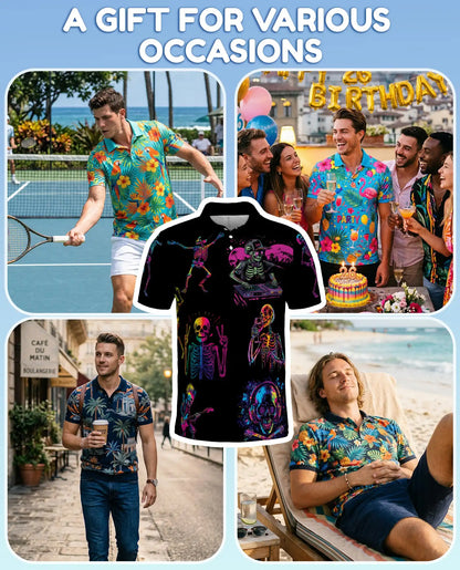 Neon Skeleton Polo Shirt - Retro Music Festival Style | Azhawaiian