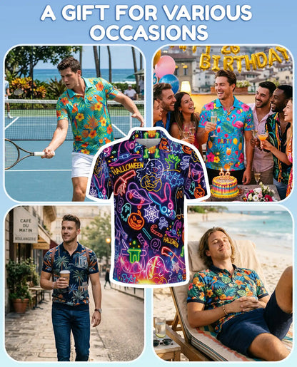 Halloween Neon Polo Shirt for Men, Glow in the Dark Party Style | Azhawaiian