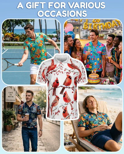 Red Cardinal Polo Shirt - Winter Songbird Nature Style | Azhawaiian