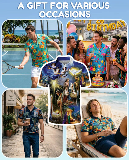 Nativity Christmas 3D Polo Shirt for Men, Religious Holiday Scene Style | Azhawaiian