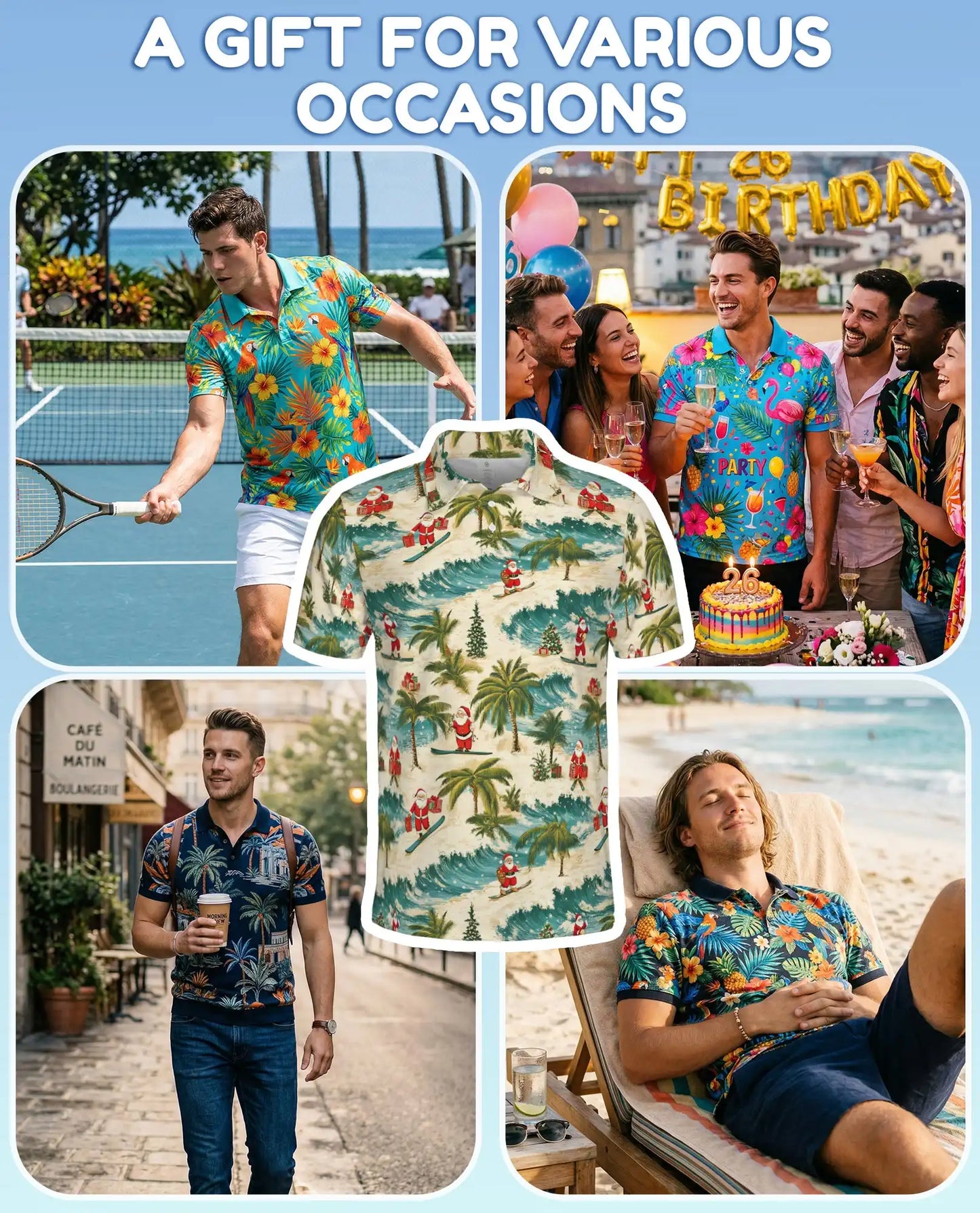 Tropical Christmas Polo Shirt, Santa Surfing Beach Print | Azhawaiian