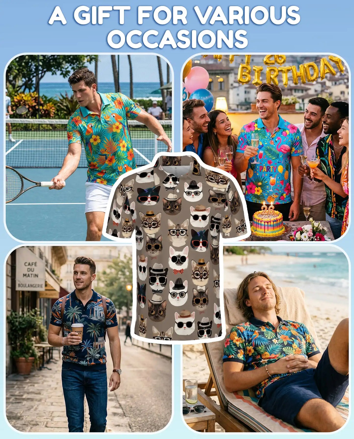 Funny Hipster Cat Polo Shirt For Men- Print Cool Cats With Glasses | Azhawaiian